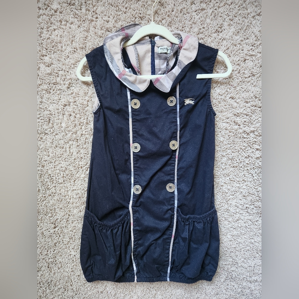 Burberry Kids Navy Dress with Plaid Collar